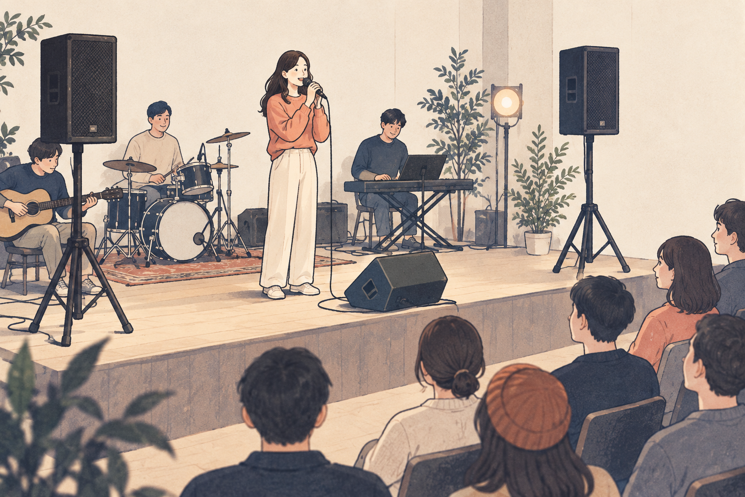무대의 모니터 스피커와 객석을 향하는 메인 스피커