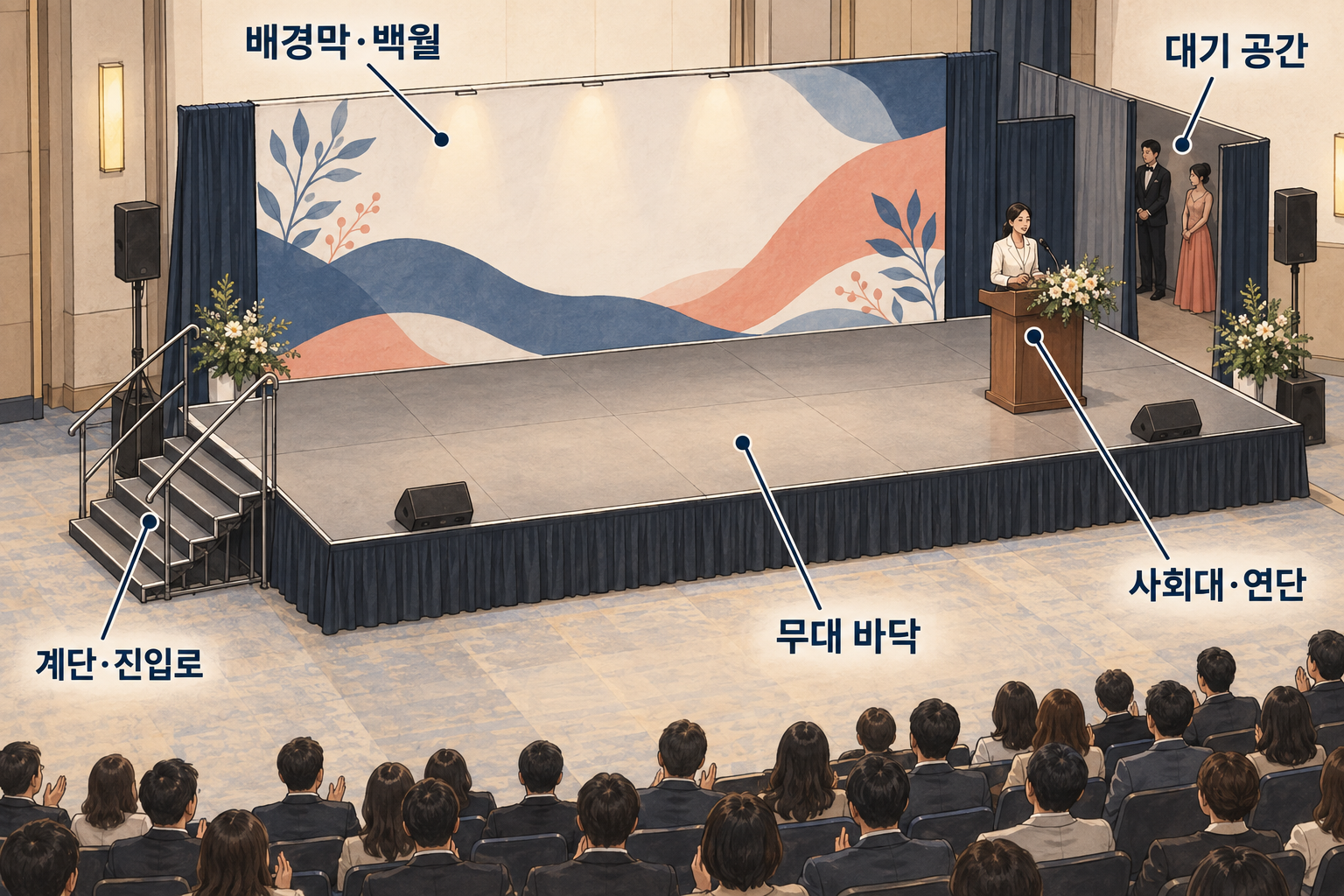 무대 바닥·계단·배경막·사회대·대기 공간의 구성