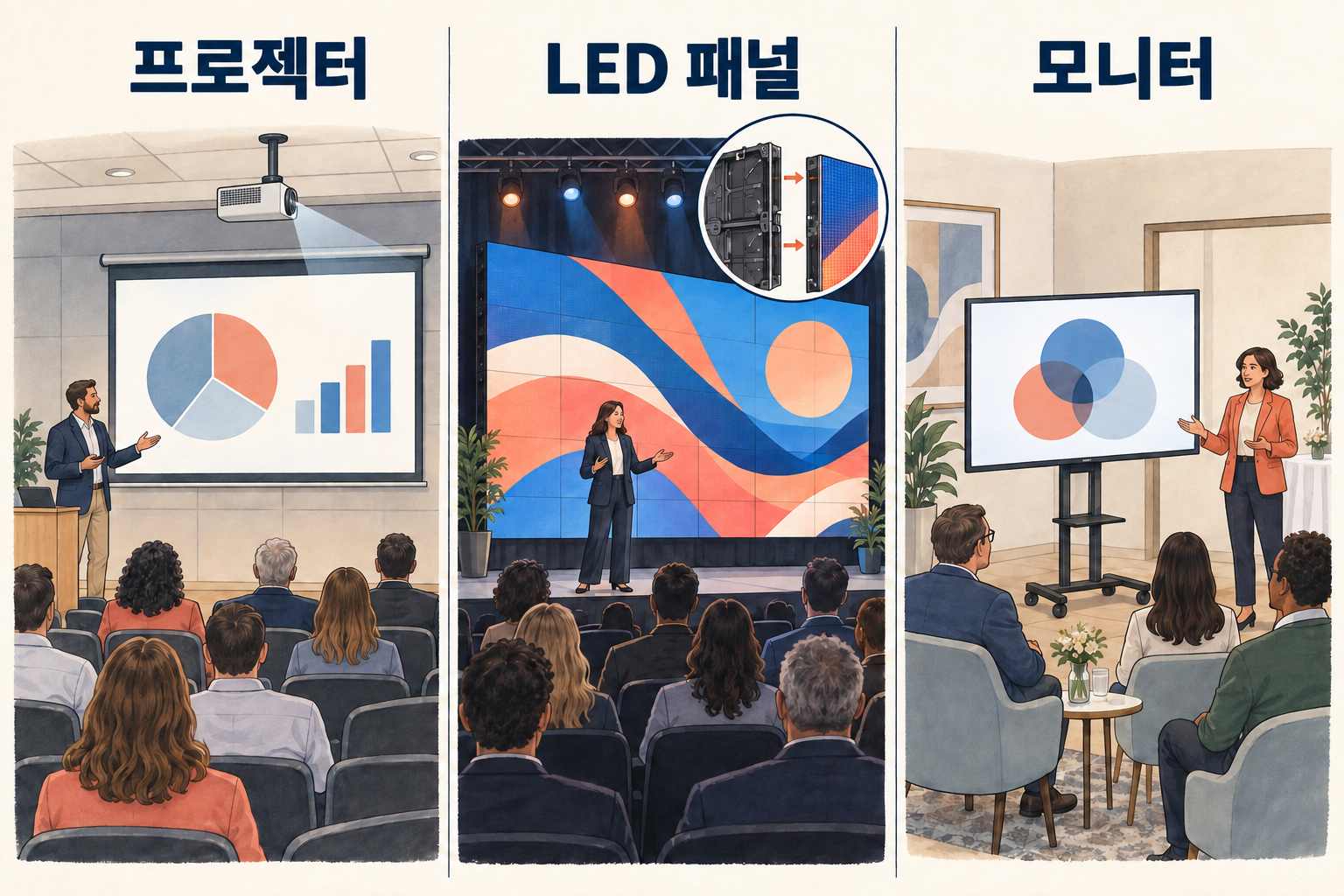 프로젝터·LED 전광판·대형 모니터의 사용 장면 비교